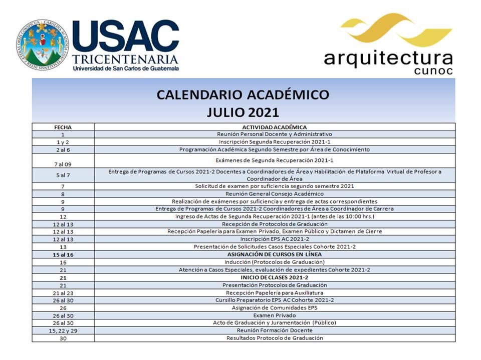 Calendario Actividades Académicas Julio 2021